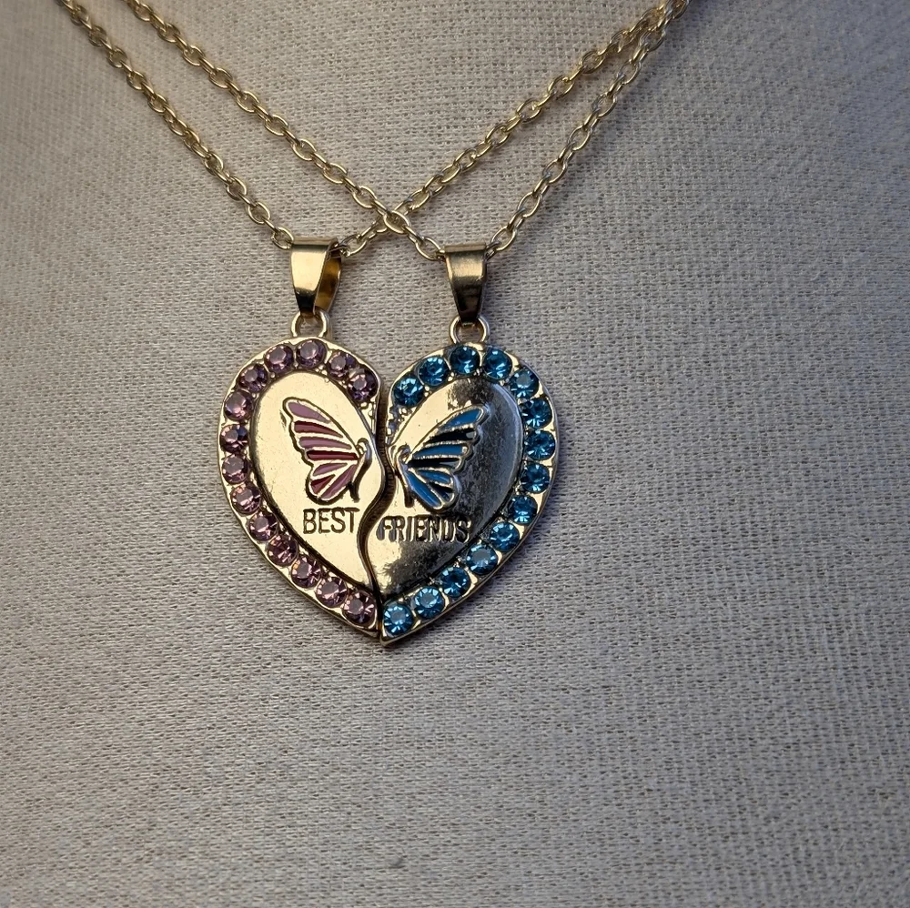 BEST FRIENDS necklace set pink blue gold butterfly rhinestones BFF gift